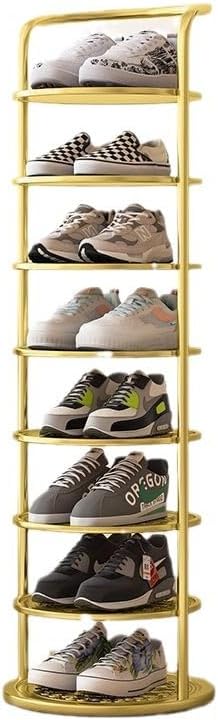 Bamboo Shoe Rack Organizer, 2-10 Tiers, Natural or Tea Color, No-Tool Assembly, Foldable Storage Shelf (Round Eight-Layer Gold)