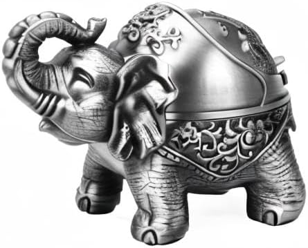 LAUYOO Metal Elephant Ashtray with Lid Windproof Ashtray Outdoor, Indoor Ashtrays for Weed, Vintage Practical Decoration Ashtrays for Cigarettes Great Gift for Men Women(Pewter)