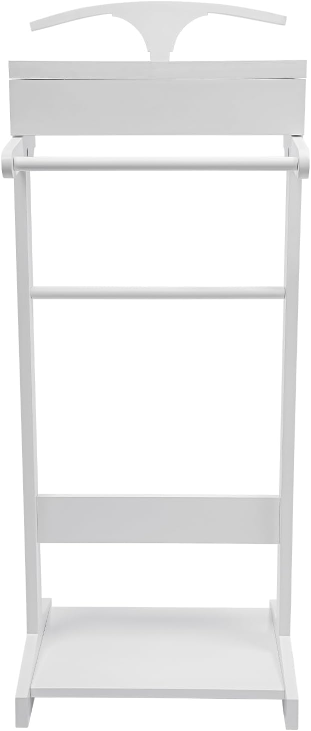 Wood Mens Valet Stand Clothes with Shoe Shelf, Coat Hanger and Hat Rack, Freestanding Suit Stand&Clothes Butler Valet Stand with Hanger, Mens Valet Stand with Storage Organizer (White)