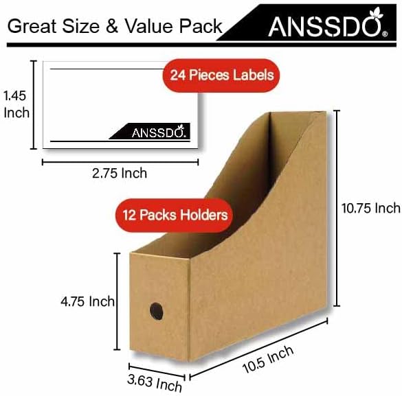 ANSSDO 12 Pack Brown Cardboard Magazine Holder Bulk Kraft Magazine File Holder Magazine Organizer, Magazine Storage Box, Large Volume Magazine File Organizer as Book Bins or Folder Holder for Desk