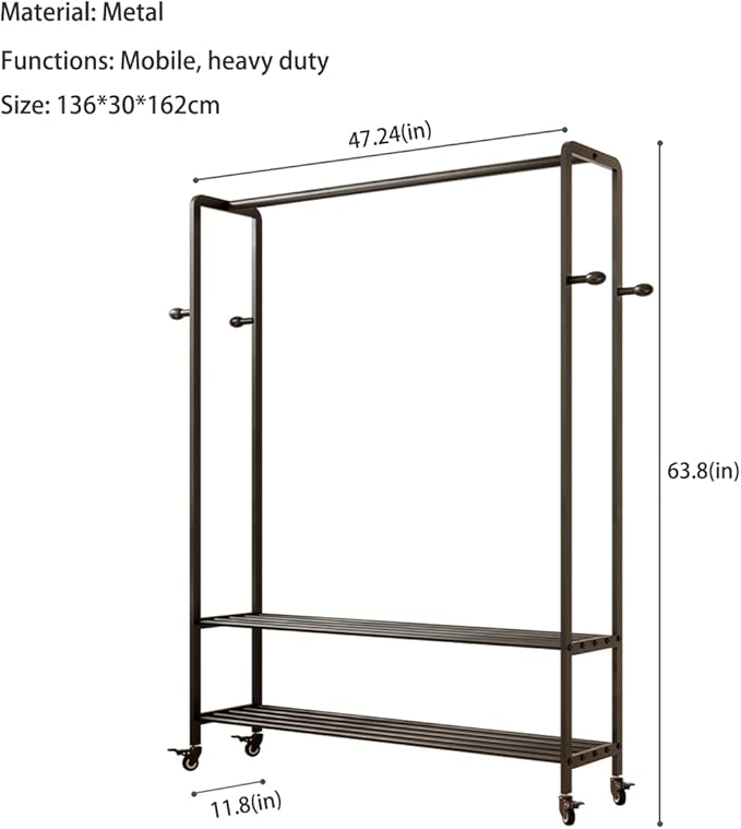 Black Rolling Garment Rack with Shelves and Hooks,Freestanding Metal Clothing Rack with Wheels,Large Clothes Hanging Rack for Bedroom,Closet, Entryway,Wardrobe,Boutique Display