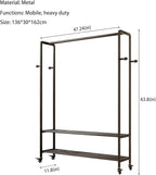 Black Rolling Garment Rack with Shelves and Hooks,Freestanding Metal Clothing Rack with Wheels,Large Clothes Hanging Rack for Bedroom,Closet, Entryway,Wardrobe,Boutique Display