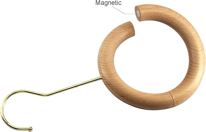 2 Pcs Natural Wood Scarf Hanger Ring Holder with Gold Hook Organiser Storage Hanger for Shop Display Wardrobe Closet Scarves Shawl Tie Belt Towel Necklace Jewellery Accessory Rack