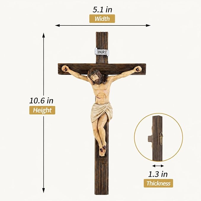 Magicsculp 10.6'' Catholic Crucifix Wall Crosses - Hand Painted Jesus on the Cross, Religious Cross Gifts on Hanging Wall for Church Home Office Baptism Decor