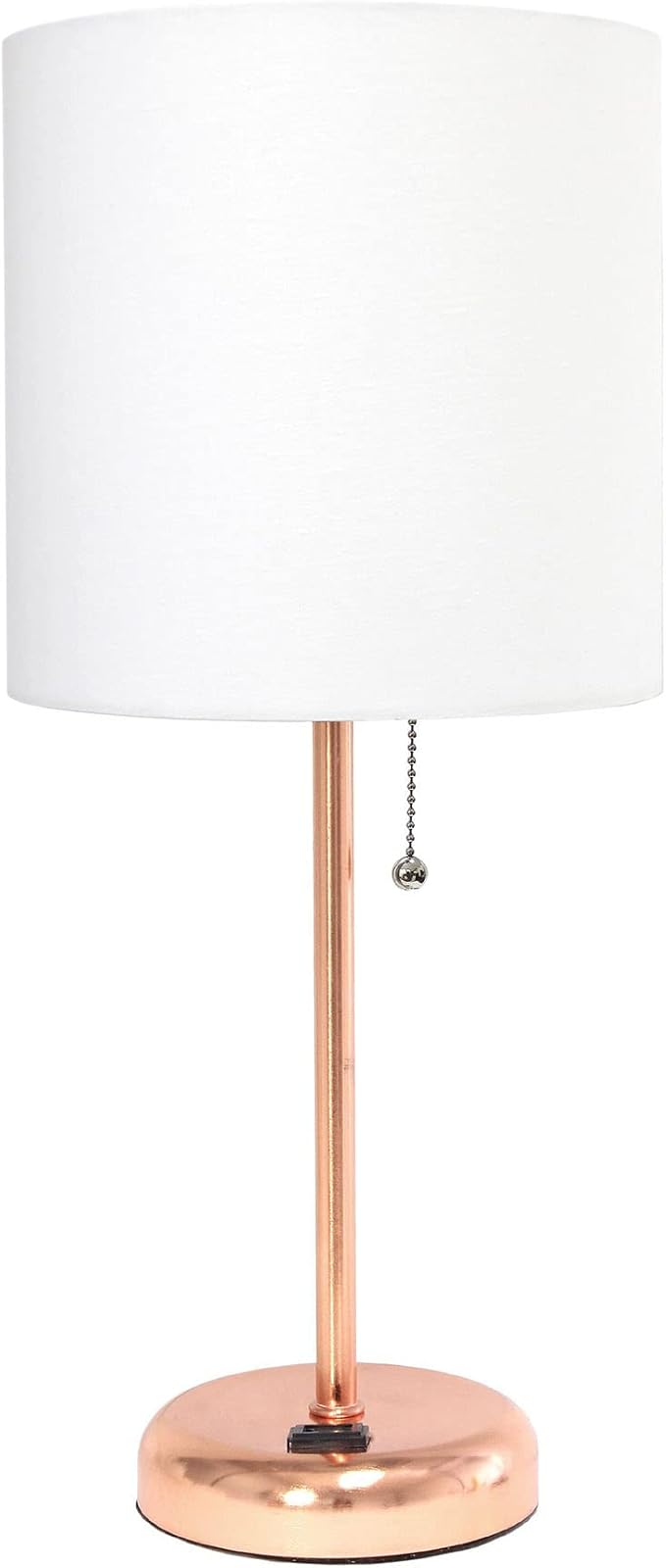 Oslo 19.5" Contemporary Bedside Power Outlet Base Standard Metal Table Desk Lamp in Rose Gold with White Drum Fabric Shade