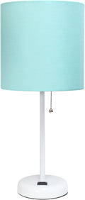 Oslo 19.5" Contemporary Bedside Power Outlet Base Standard Metal Table Desk Lamp in White with Aqua Drum Fabric Shade
