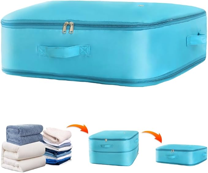 Space saver bag,for quilts, duvets or other fluffy clothing.Measures 21" L x 16.5" W x 11.2" H when unfolded and 21" L x 16.5" W x 4.8" H when compressed.Green