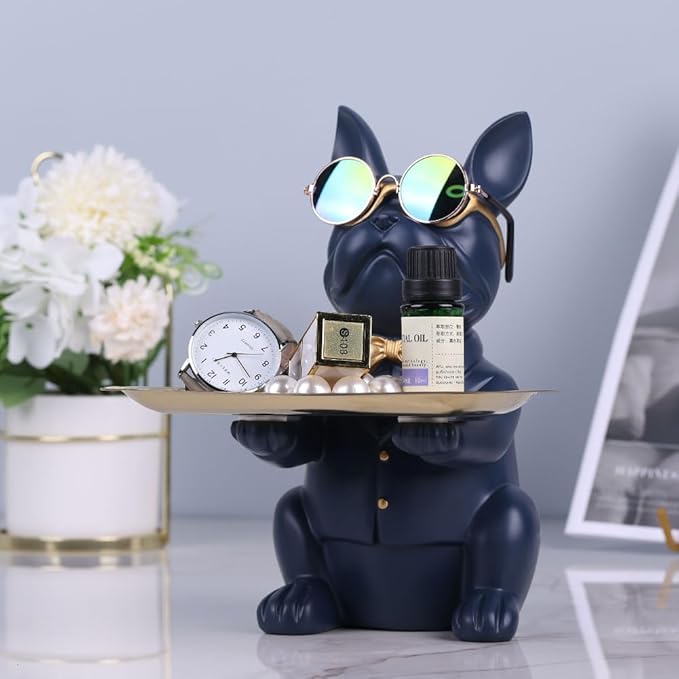 QIANLING Modern Decor Resin Navy Blue Bulldog Statue Tray - Storage Key Holder, Candy, Jewelry, Earrings - Suitable for Home, Dining Table, Office - Modern Art Small Object Tray
