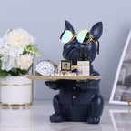 QIANLING Modern Decor Resin Navy Blue Bulldog Statue Tray - Storage Key Holder, Candy, Jewelry, Earrings - Suitable for Home, Dining Table, Office - Modern Art Small Object Tray
