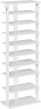 HOOBRO 10 Tiers Vertical Shoe Rack, Wooden Shoe Storage Organizer with Hooks, Narrow Shoe Tower for 20 Pairs, Space Saving, for Entryway, Living Room, Bedroom, White WT140XJ01
