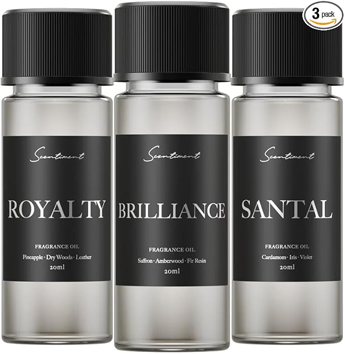 Scentiment Diffuser Oil Sample Set – 3 Pack Royalty, Brilliance, Santal, Pineapple – Saffron & Cardamom Blends, Luxury Hotel-Inspired Fragrance Oils for Cold Air Diffusers – 3 x 0.68 fl oz (20 mL)