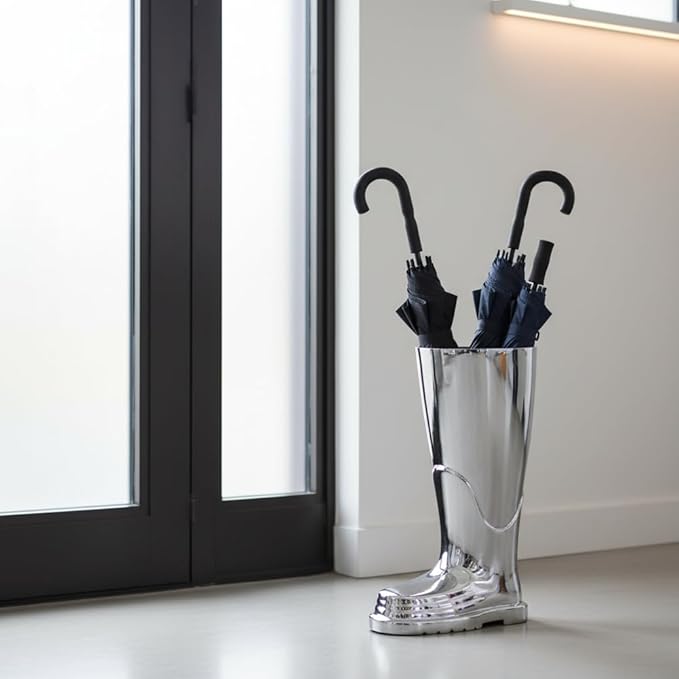Modern Day Accents 3525 Bombero Boot Umbrella stand for umbrellas, Umbrella Organizer, Cane Holder, Silver, Entryway Decorative Umbrella Stand, Umbrella Holder, Home, Office Decor, 10.5"Lx7"Wx15.75"H