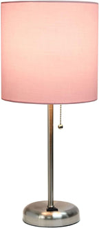Oslo 19.5" Contemporary Bedside Power Outlet Base Standard Metal Table Desk Lamp in Brushed Steel with Light Pink Drum Fabric Shade