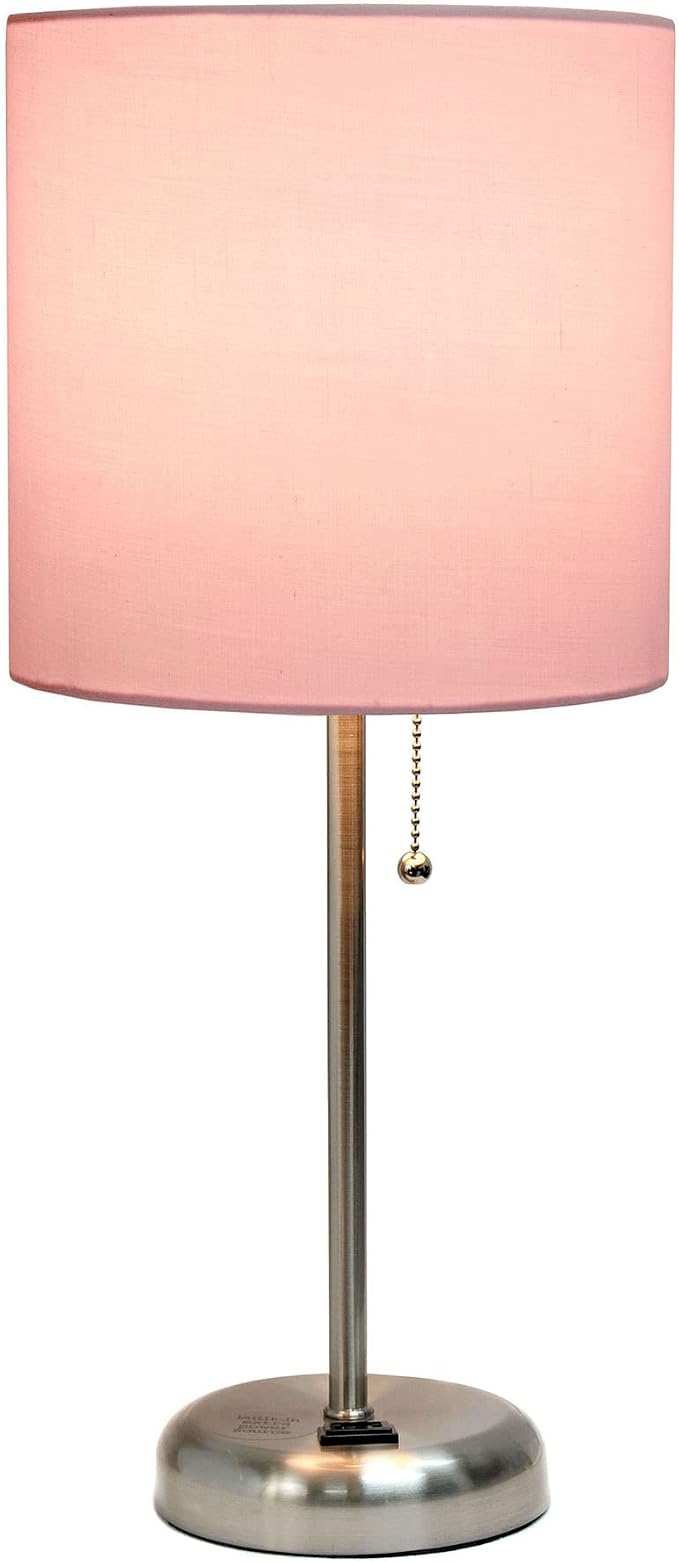 Oslo 19.5" Contemporary Bedside Power Outlet Base Standard Metal Table Desk Lamp in Brushed Steel with Light Pink Drum Fabric Shade