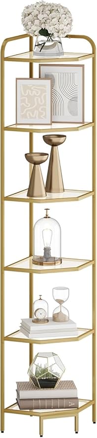 Hzuaneri Corner Shelf Stand, 6-Tier Glass Bookshelf Bookcase, Bathroom Organizer, Plant Stand, Steel Frame, Tempered Glass, Modern Style for Living Room, Bathroom, Kitchen, Golden CS90600G