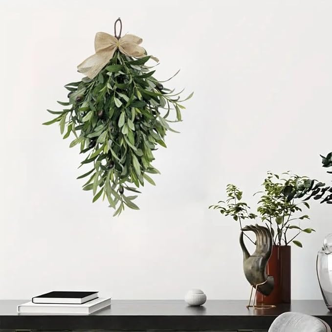 Artificial Olive Branch Swag with Burlap Bow, Green Hanging Teardrop Wreath for Door, Window, Holiday Decor