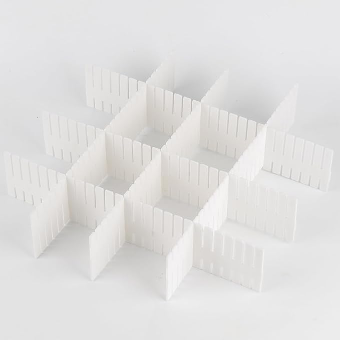 JOIKIT 64 Pack White Plastic DIY Grid Drawer Dividers, Adjustable Drawer Divider Organizer, Household Storage Makeup Socks Underwear Organizer