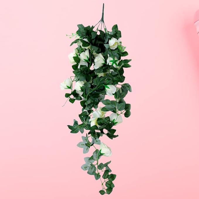 Lindagary Floral Teardrop Swag Artificial Rose Flower Swag Front Door Garland Fake Plant Ivy Branch for Wedding Home Wall Decoration - White