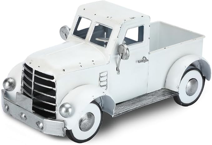 Farmhouse White Truck Decor, Vintage Farm Metal Trucks Decors, Rustic Outdoor Pickup Truck Planter, Indoor Decorative Tabletop Storage, Car Model Gift