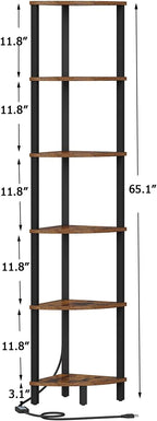 VIMBER 6-Tier Corner Shelf with LED Light, Industrial Corner Ladder Shelf, Rustic Display Shelf for Living Room, Bedroom, Kitchen, Home Office, Sturdy Frame, Rustic Brown and Black UJSJ002F