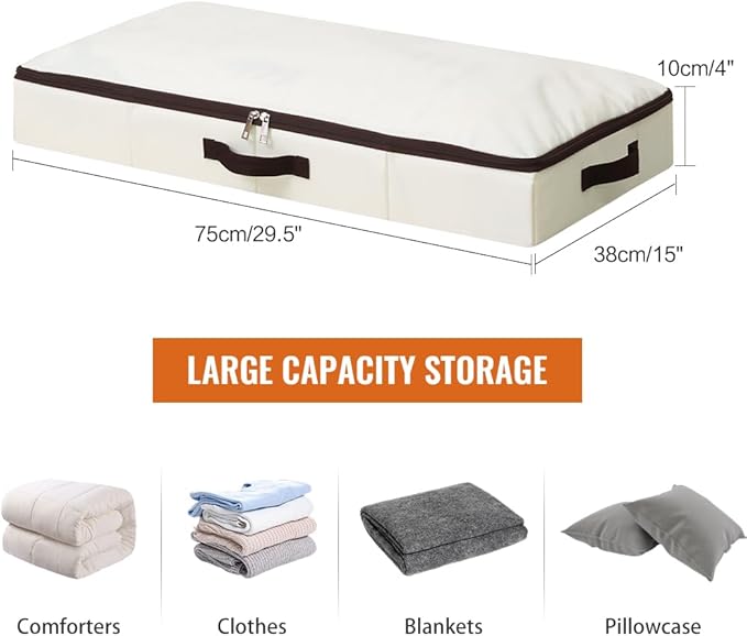 AMJ 4" Foldable Underbed Storage Closet Organizers and storage bins, Under Bed Garment Storage Bins, Folding & Washable, Soft Zip Lid, Beige