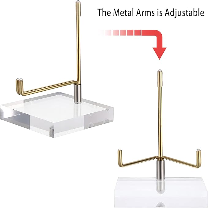 Hipiwe Clear Acrylic Display Stand Holder with Adjustable Metal Arms Display Easel Stands for Gemstones Fossils Minerals Agate Slabs Plates Crystals Saucers Collectibles, 3.1x3.1x4.5 inch
