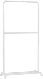 SONGMICS Clothes Rack with Wheels, Double-Rod Clothing Rack for Hanging Clothes, 25.4mm Metal Garment Rack with Dense Mesh Storage Shelf, 110 lb Load Capacity, 2 Brakes, White UHSR027W01