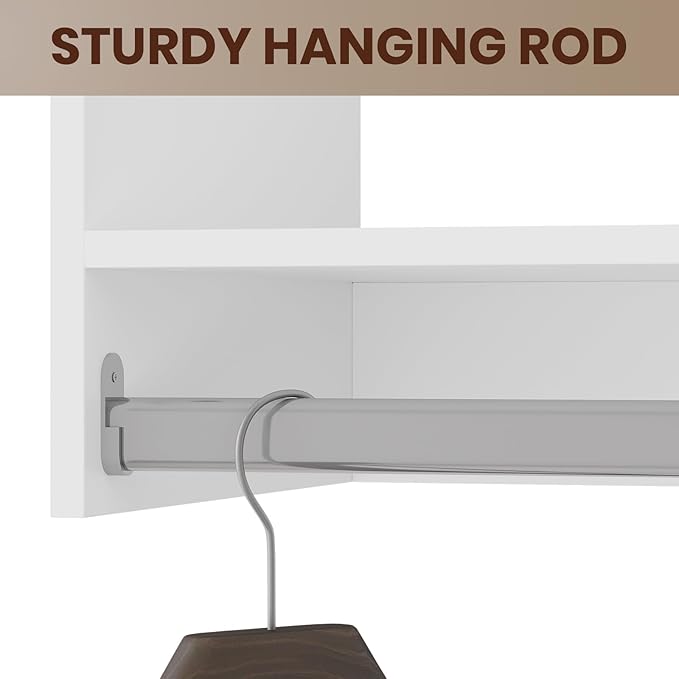 ROOMTEC Modular Closet System, 66" Closet Organizer with Hanging Rods, Wall-Mounted Wooden Tower for Walk-In Closets, Wardrobe Storage Kit, White