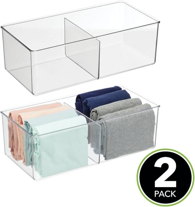 mDesign Storage Box with 2 Compartments - Practical Bedroom Storage Box - BPA Free Plastic Clothes Box - 6" x 12" x 4" - Set of 2 - Clear