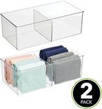 mDesign Storage Box with 2 Compartments - Practical Bedroom Storage Box - BPA Free Plastic Clothes Box - 6" x 12" x 4" - Set of 2 - Clear