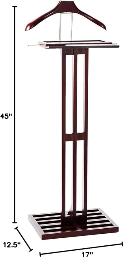 Freestanding Wooden Suit Valet Stand with Hanger Storage Tray Tie Hook Classic Wardrobe Organizer for Bedroom Office Closet, Dark Mahogany