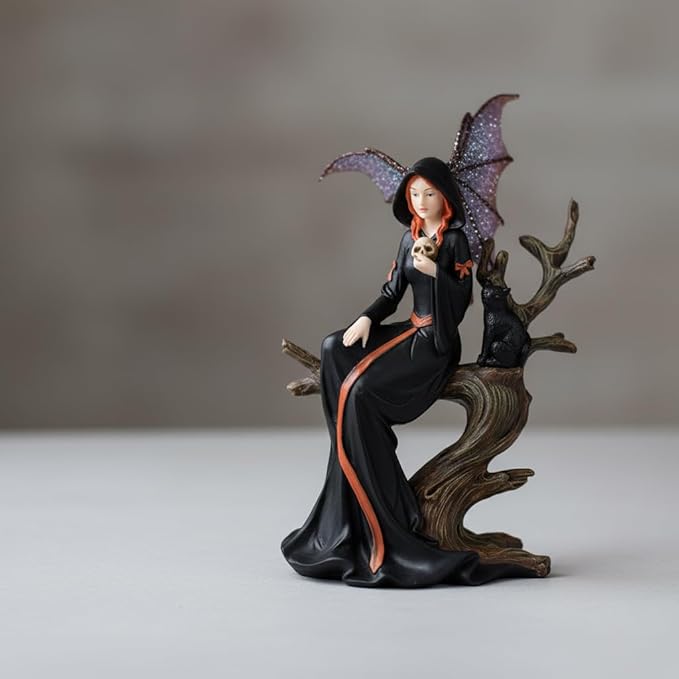 Comfy Hour 7.5" Gothic Fairy Witch Figurine, Fantasy Sorceress with Skull and Black Cat on Withered Tree, Spooky Home Office Desktop Decor, Hand-Cast Polyresin Statue, 1 Piec