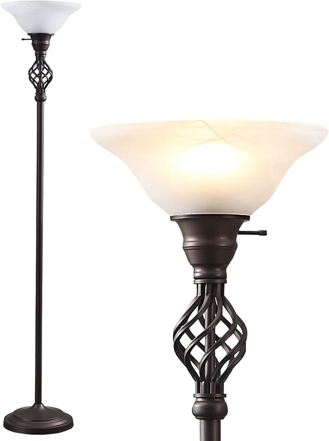 Torchiere Floor Lamp for Living Room, LED Standing Reading Light for Bedroom with Glass Shade for Living Room Corner Bedroom Home Office,Bulbs Included (Red Brown,Glass 1 Head)