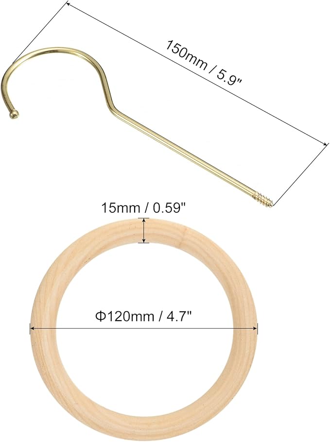uxcell 4.7 Inch Scarf Ring Hanger, Scarf Organizer Holder Wooden Circle Rings Hanging Hook for Belt Tie Scarf, 15cm Length Hook (Gold)