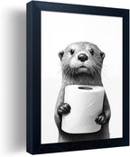 Funny Bathroom Wall Decor Framed Black and White Bathroom Wall Art Toilet Paper in Little Funny Raccoon's Hand Animal Canvas Print Painting Artworks