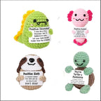 mini Positive Dolls Bulk Gifts - 4pcs Cute Emotional Support Animals Desk Decor with Cards, Emotional Support Crochet Animals for Friends, Funny Knitted Small Gifts for Christmas.
