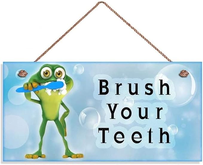 Brush Your Teeth Wood Sign, Kids Bathroom Reminder Sign, Wall Plaque, Frog Brushing Teeth, Bubbles 12x6inches (WD023)