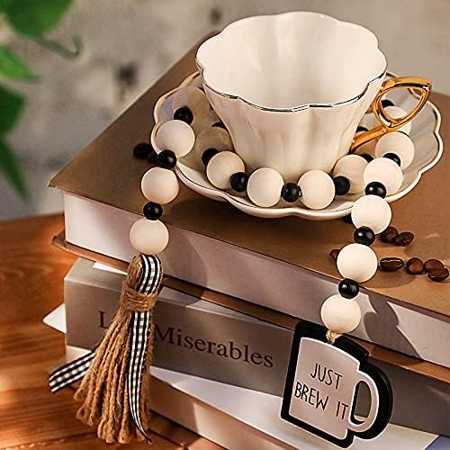 Jetec Coffee Bar Decor Wood Bead Garland with Tassel Coffee Bar Try Decor Accessories, Table, Shelf, Rustic Farmhouse Home