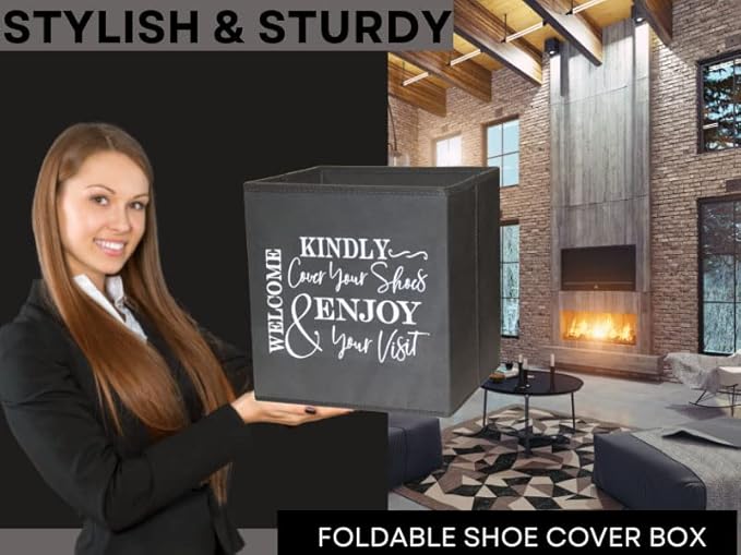 Shoe Cover Box - Welcome Guests to Please Cover Shoes. Indoor Foldable Storage Bin to Fill w/your Favorite Booties. For Homeowner, Real Estate Agent, Realtor Open House Supplies | 1 Grey & White