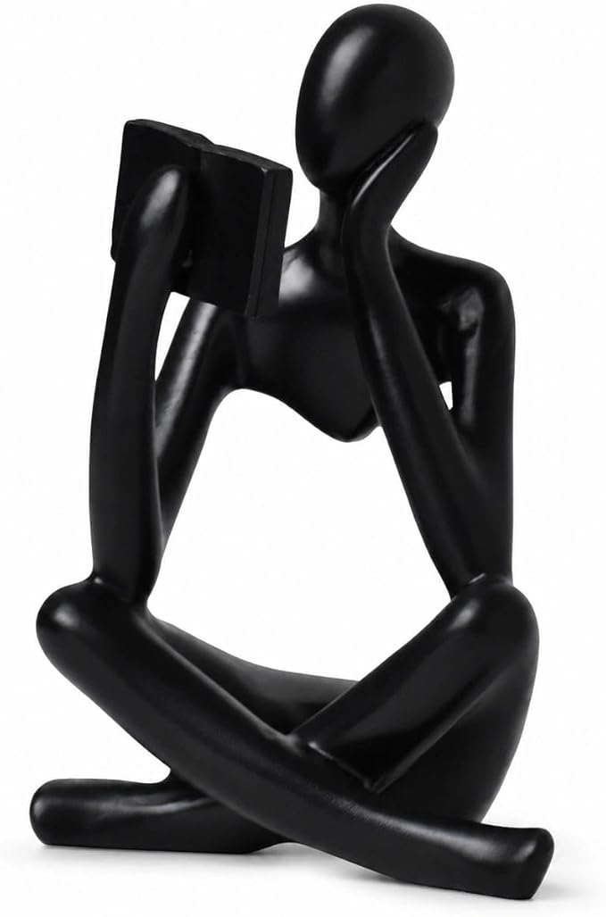 Black Bookshelf Decor Thinker Statue, Abstract Reading Figurine Style B, Resin Decorative Bookend for Coffee Table, Shelf, Home Office, Library