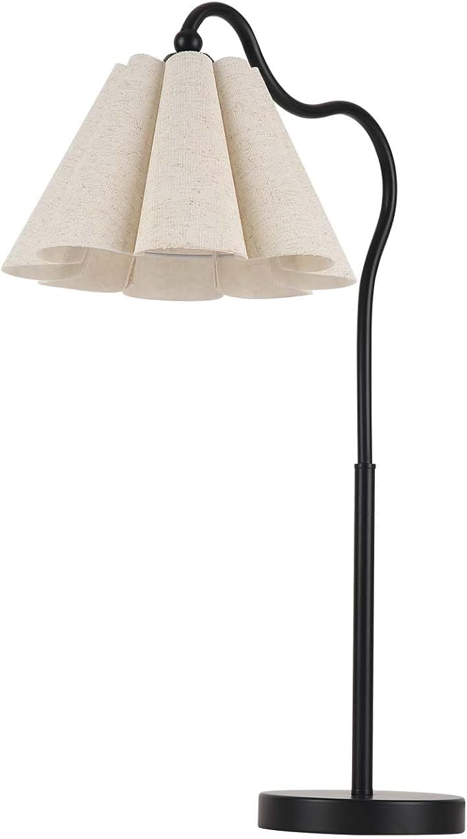 Table Lamp with Beige Pleated Linen Shade, Curved Black Metal Base, E26 Socket – 23" Tall Modern Bedside Desk Lamp for Bedroom, Living Room, Office – Bulb Not Included