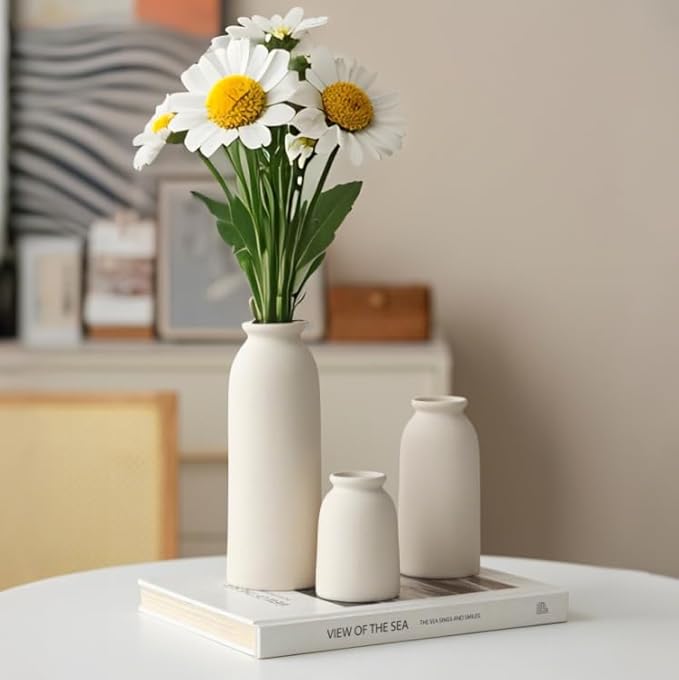 Ceramic Vase Set-3, Small Flower Vases for Decor, Modern Boho Farmhouse Style, Decorative Vases for Pampas Grass & Dried Flowers, Distressed Finish (Beige)
