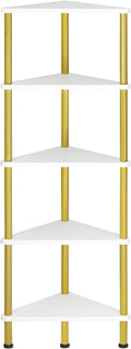 HOOBRO Corner Shelf Stand, Industrial 5-Tier Wall Corner Bookshelf with Metal Frame, Plant Display Shelf, Bookcase for Small Spaces, Bedroom, Living Room, White and Gold DW33CJ01