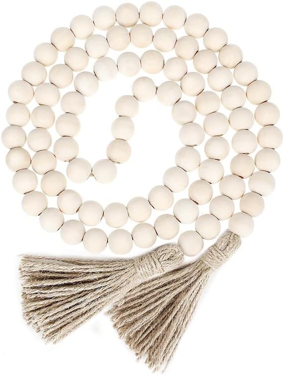 2 Pcs 58.2in 16mm Wood Bead Garland Farmhouse with Tassels,Versatile Prayer Beads Boho Chic Wall Hanging Home Decor，Beige