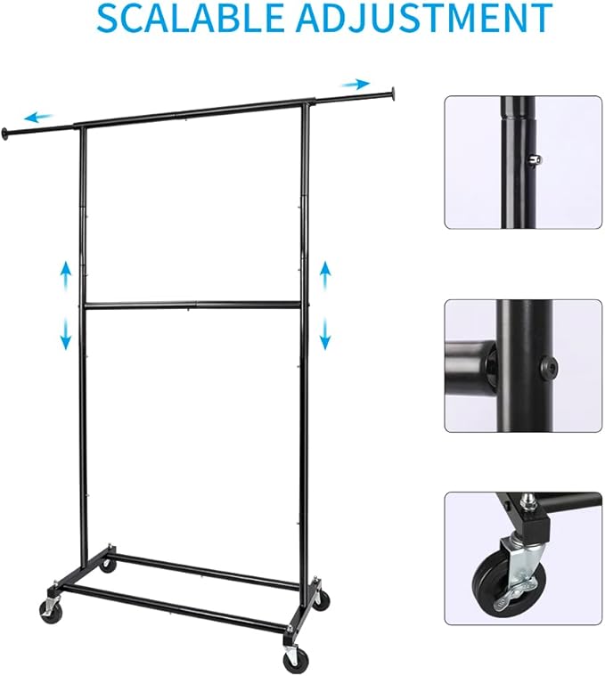 Black Simple Standard Rod Rolling Clothing Garment Rack, Metal Clothes Organizer with Lockable Wheels