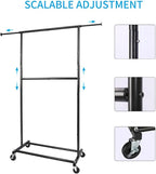 Black Simple Standard Rod Rolling Clothing Garment Rack, Metal Clothes Organizer with Lockable Wheels