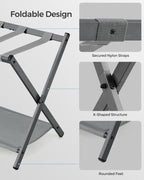 SONGMICS Luggage Rack for Guest Room, Suitcase Stand with Storage Shelf, Steel Frame, Foldable for Easy Storage, Hotel, Bedroom, Slate Gray URLR003G01