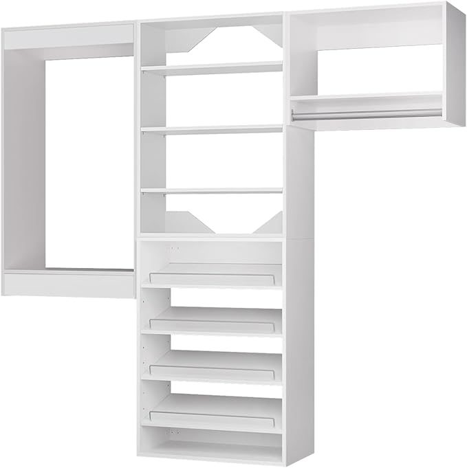 ROOMTEC Modular Closet System, 78" Wall Mounted Modern Closet Organizer with Hanging Rods and Shoe Shelf, Wooden Tower for Walk-In Closets, Wardrobe Storage Kit, White