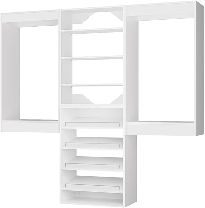 ROOMTEC Modular Closet System, 78" Wall Mounted Closet Organizer with Hanging Rods and Shoe Shelf, Wooden Tower for Walk-In Closets, Wardrobe Storage Kit, White