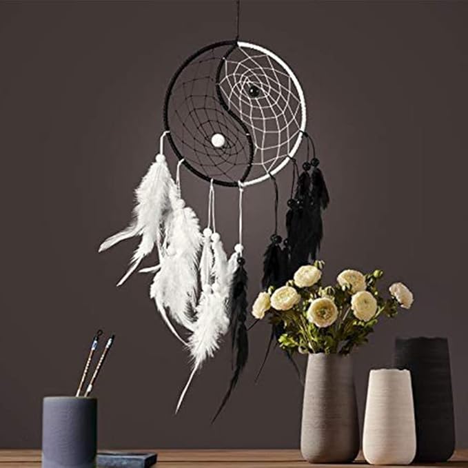 Yahpetes Dream Catcher 19.7" Feather Chandelier Ornaments Handmade Indian Wall Decoration Interior Rearview Pendant Charm Car Hanging with Feathers Beads (Black and White)